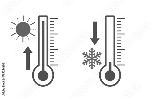 モノクロの温度計アイコン　上昇と下降　太陽と雪の結晶イラスト付き