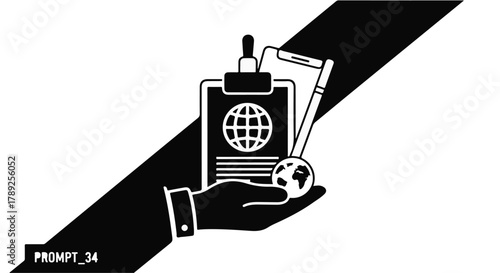 Hand holding clipboard with globe and pen, representing global travel and documentation