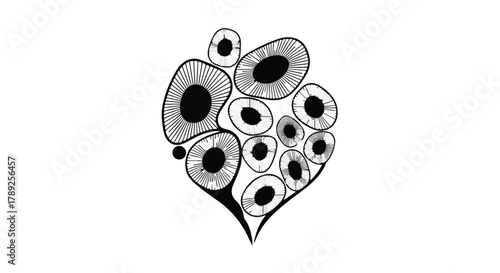 Abstract organic shapes resembling cells or microscopic organisms, rendered in a minimalist black and white line art style.