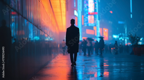 A man is walking down a street in the rain