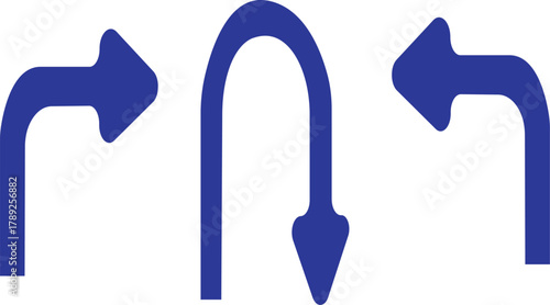 Road Navigation arrow icon set.Go straight, this way, one way only, U turn, left and right arrows symbol.arrow icon set in black circular road sign style.Crossroads IconDifferent Style