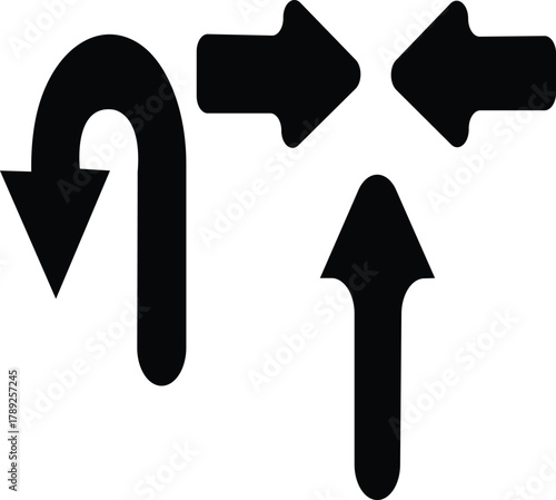 Road Navigation arrow icon set.Go straight, this way, one way only, U turn, left and right arrows symbol.arrow icon set in black circular road sign style.Crossroads IconDifferent Style