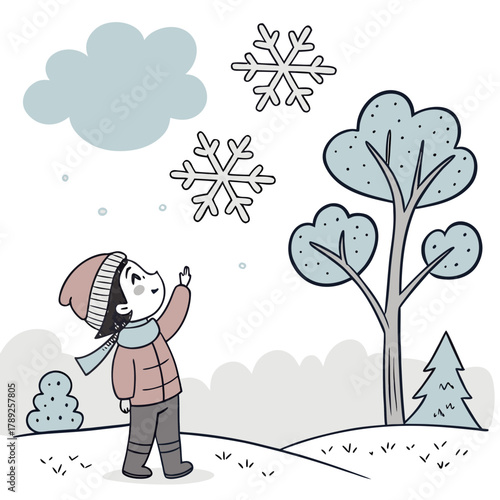 A child looks up at snowflakes falling from the sky in a winter wonderland landscape