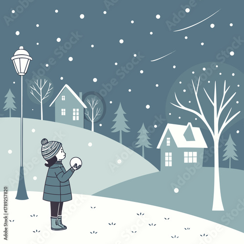 A child playing in a snowy winter landscape with houses and trees, creating a festive holiday scene