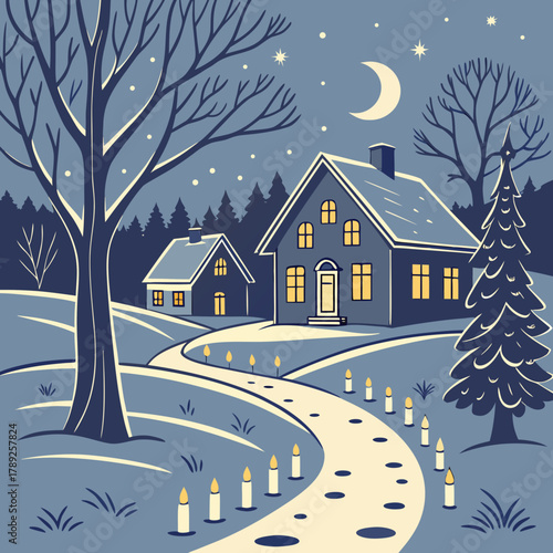 A cozy winter night scene with houses, candles, and a crescent moon in the sky