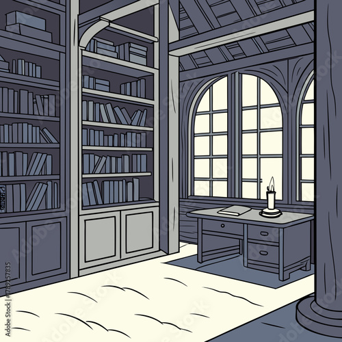 A cozy library interior with bookshelves, a desk, and a window, creating a warm and inviting atmosphere