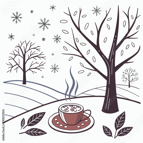 A cup of hot drink in a winter landscape with snow falling