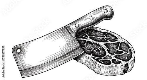 Intricate black and white engraving depicts a stylized abstract representation of a bone and meat structure