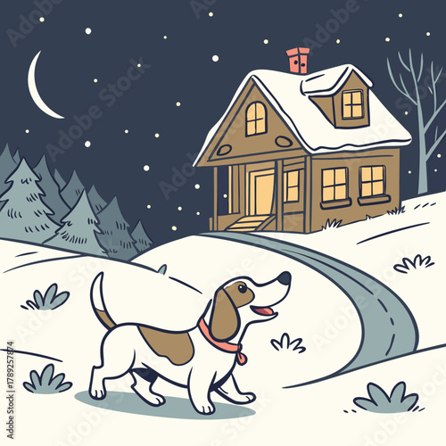 A dog walks on a snowy path toward a house on a winter night under a crescent moon