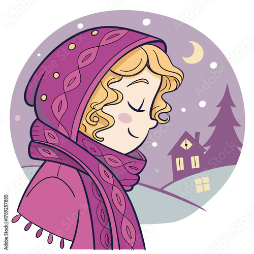 A girl with a scarf and hat stands in the snow under the moonlight in a winter wonderland scene