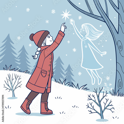 A girl reaching for a star with a winter fairy in a snowy landscape illustration