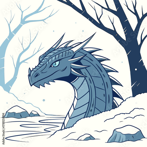 A majestic ice dragon emerges from the snowy landscape, its scales shimmering in the winter light