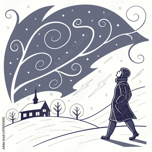 A person in a coat looks up at a swirling, snowy sky with a church and trees in the background