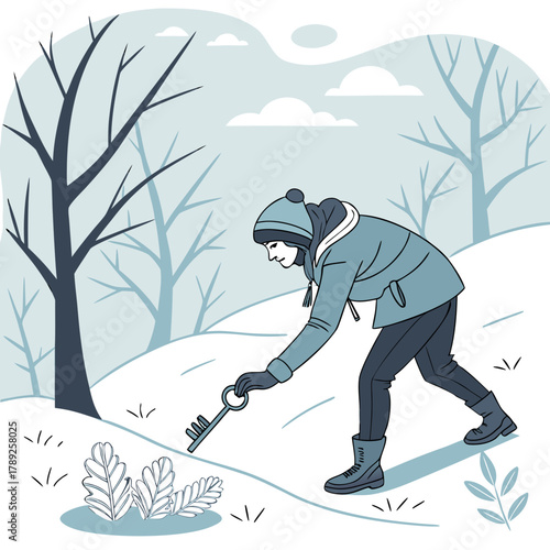 A person in winter clothing finds a key in a snowy forest, possibly lost or hidden