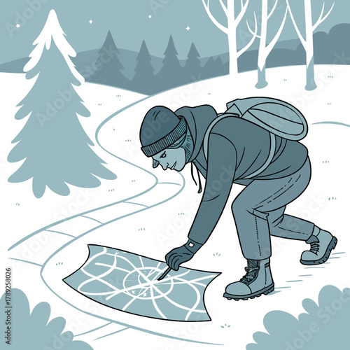 A person in winter clothing consults a map in a snowy forest, possibly lost or navigating