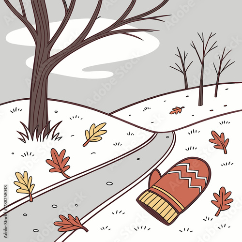 A mitten lies on a snowy path in a winter landscape with bare trees and fallen leaves