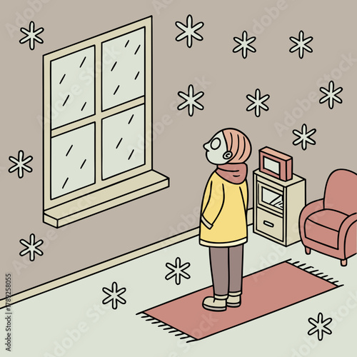 A person looking out the window at the snow falling outside, standing on a rug