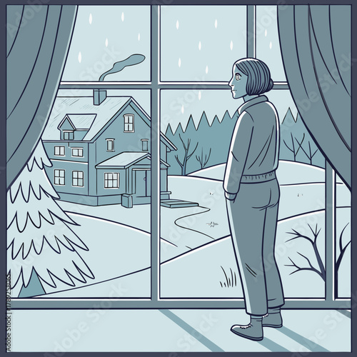 A person looks out the window at a snowy landscape, contemplating or observing the weather
