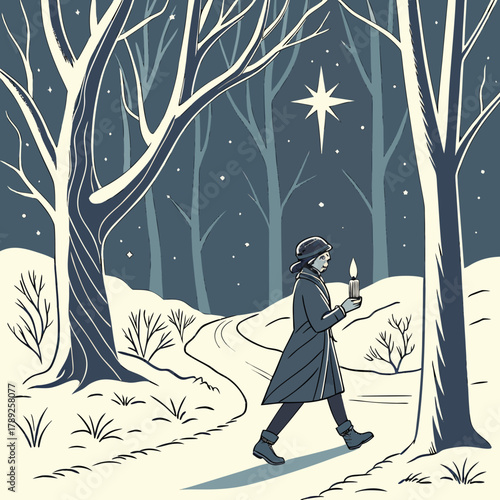 A person walks through a snowy forest with a candle, guided by a bright star in the night sky