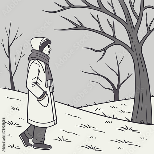A person walking in a winter landscape with bare trees in a monochrome illustration