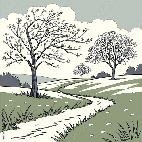 A winding path through a field with trees and clouds on a spring day in the countryside