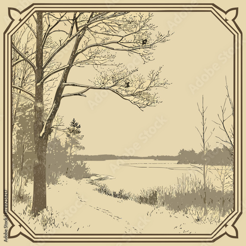 A winter landscape with a snowcovered tree and frozen lake in a vintage frame illustration