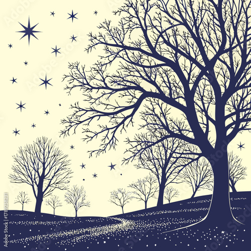A winter night scene with bare trees and stars in the sky creating a magical atmosphere