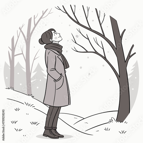 A woman in a coat standing in a snowy forest, looking up at the falling snowflakes