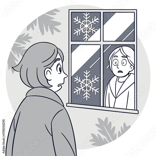A woman is shocked to see her reflection in the window with snowflakes on it