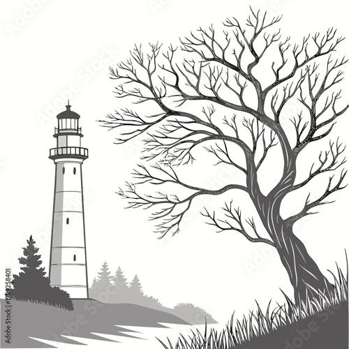 Black and white illustration of a lighthouse and a tree on a hill