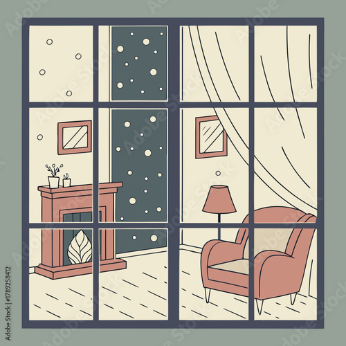 Cozy living room interior view through a window on a snowy day, featuring a fireplace and armchair