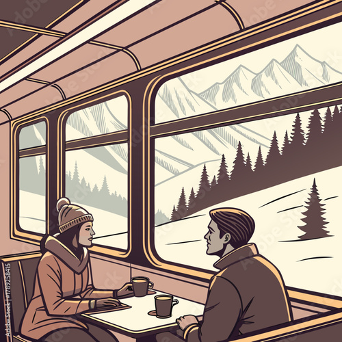 Couple enjoying a scenic train ride through snowy mountains and forests