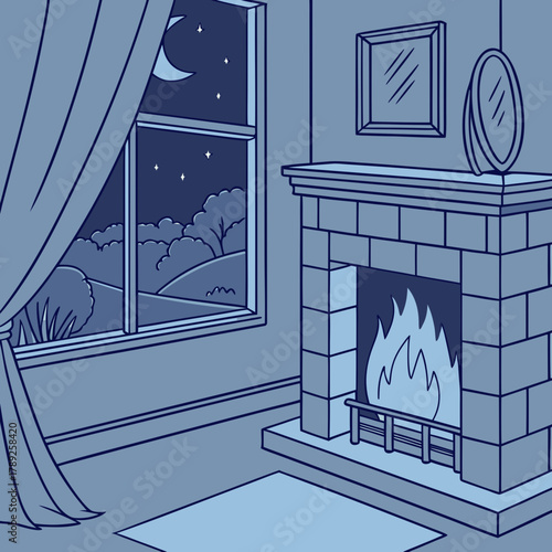 Cozy room with fireplace and window view of moonlit night illustration indoors