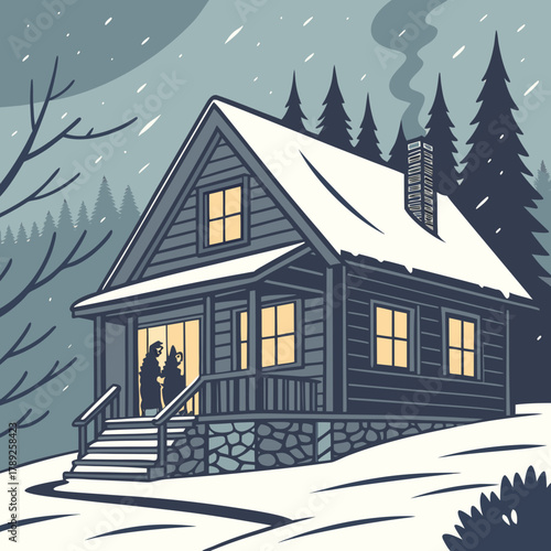 Cozy cabin nestled in a snowy forest, illuminated by warm light, offering a peaceful winter escape