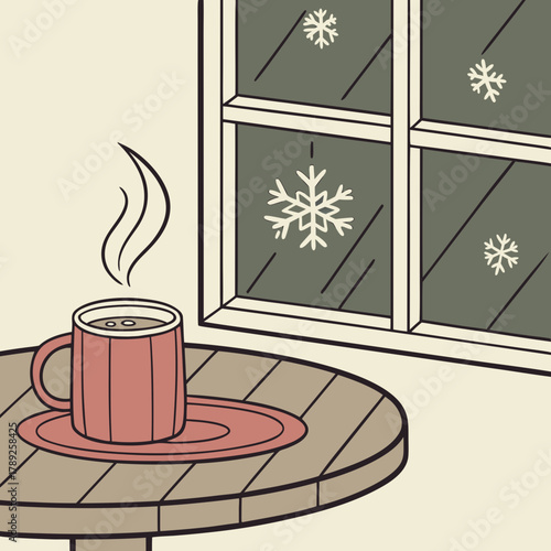Cozy winter scene with a cup of coffee on a table near a window with snowflakes