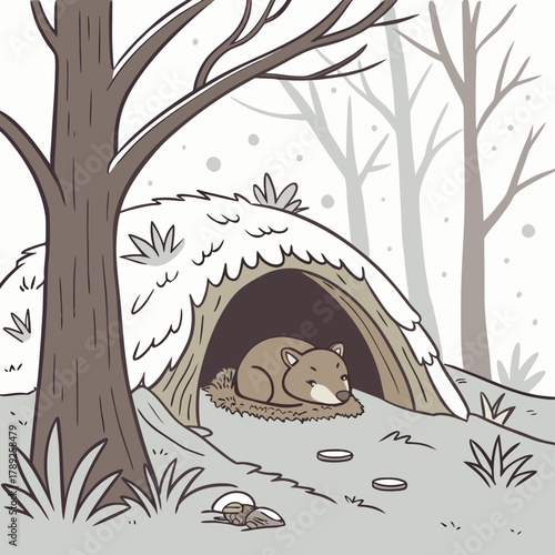 Groundhog sleeping in its burrow during winter
