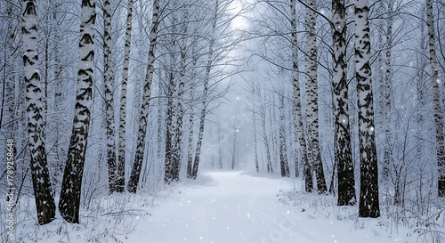 A tranquil snow covered path winds through a dense forest of birch trees on a cold winter day