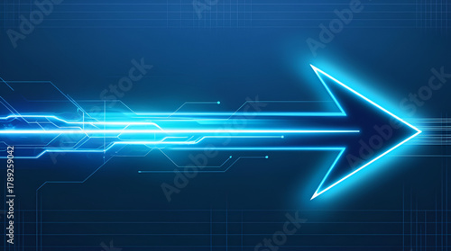 Abstract technological blue arrow graphic with luminescent lighting effects, subtle grid network background, depth and motion blur elements, professional hi-tech visual suitable for tech banners 