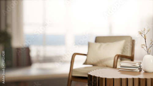 Fototapeta Naklejka Na Ścianę i Meble -  Ceramic flower vase and book on wood tree stump table across glass wall window in bright living room