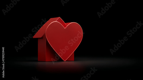 3D rendered red heart and house symbols, romantic, representing love and home, on a dark black background
