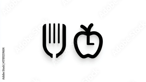 Minimalist black outline fork and apple with clock icons, symbolic of healthy eating habits or meal timing, on a white background with copy space