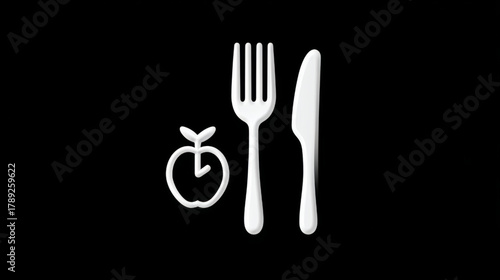 Minimalist white apple with clock and cutlery icons, symbolic of healthy eating or meal planning, on a stark black background