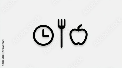 Minimalist black outline clock, fork, and apple icons, symbolic of healthy eating habits and timed meals, on a white background