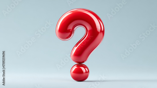 Shiny red 3D question mark, intriguing and curious, representing a query or solution, on a light blue pastel background with copy space
