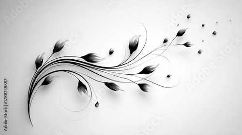 Elegant floral swirl design, decorative black and white flourish, on a light grey gradient background.
