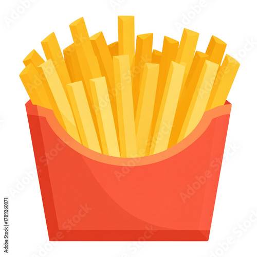 A cartoon-style box of crispy golden french fries in a red container.