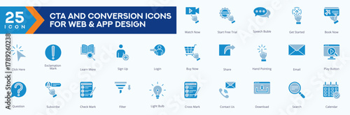 CTA and Conversion icons collection vector images Duotone Set,
containing several invoice, presentation, budget planning, performance review, email and more.
for Web icons set.