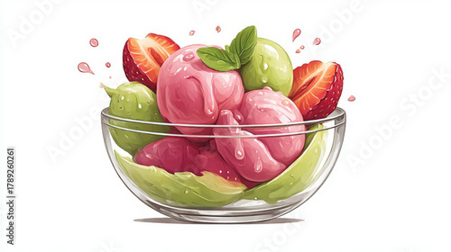 Vibrant fruit ice cream scoops in a clear bowl, a refreshing summer treat, against a crisp white background.