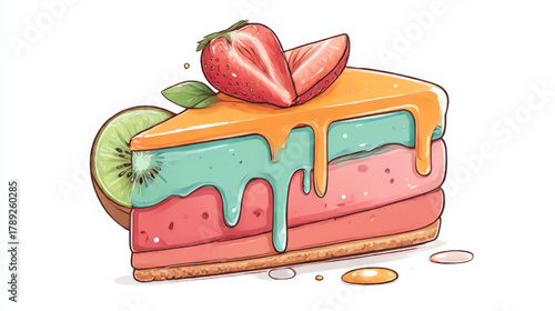 Colorful layered cheesecake slice with fresh fruit and syrup, a tempting dessert, on a white background.