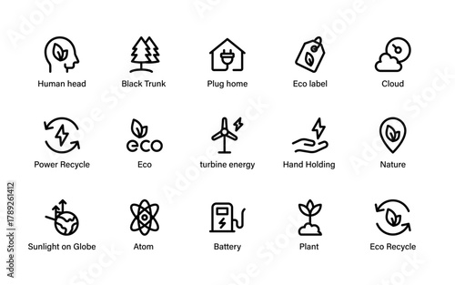 Eco Energy and Sustainability Icons Collection. Renewable Power, Green Technology, Nature, and Environmental Solutions.